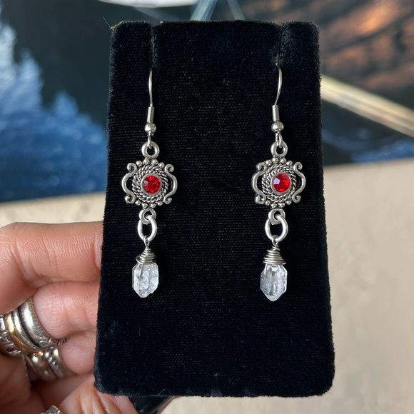 Genuine herkimer diamonds crystal quartz red cz ruby garnet dangly earrings . - Picture 6 of 11